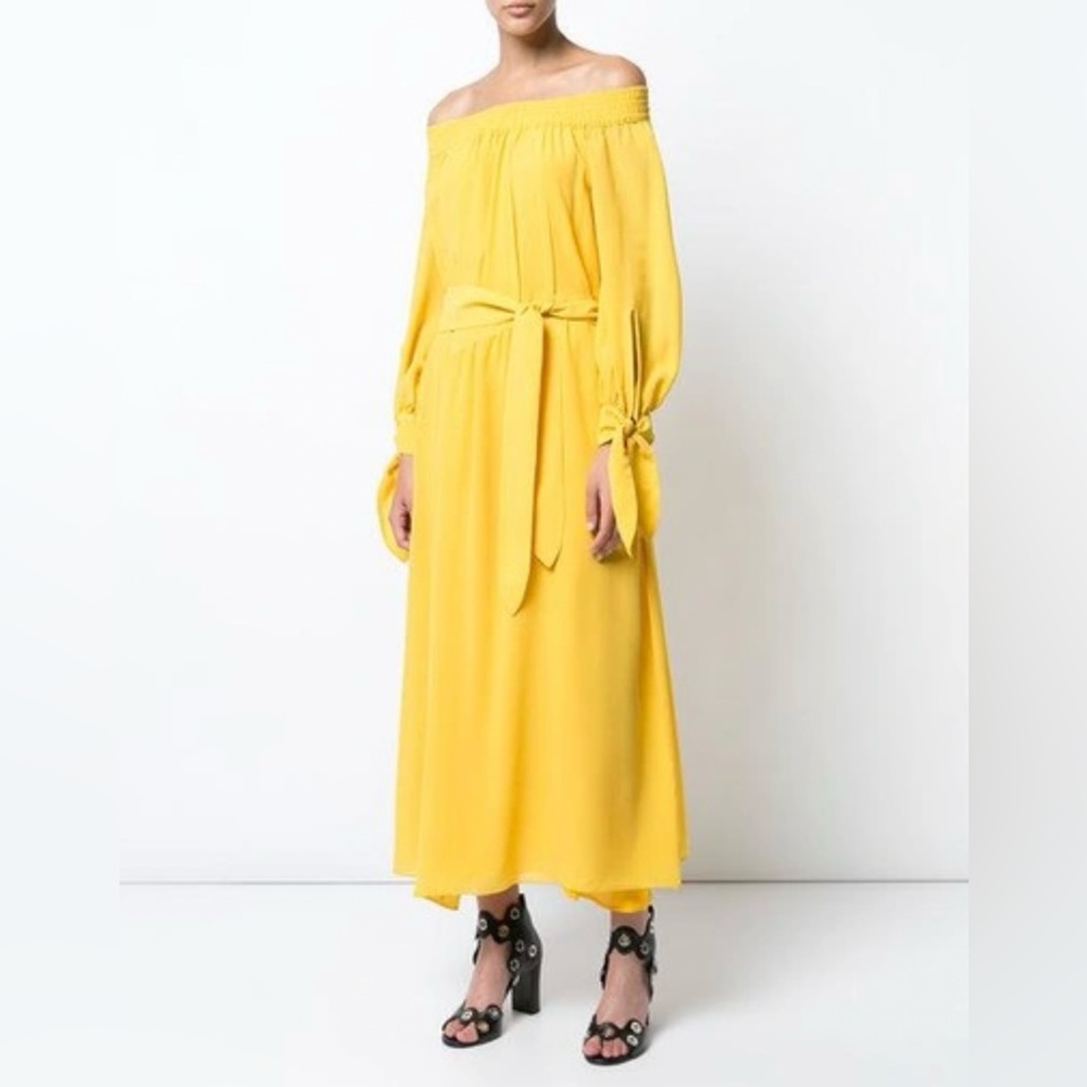 Derek Lam Women's Silk Georgette Off-the-Shoulder Belted Yellow Dress Size 4